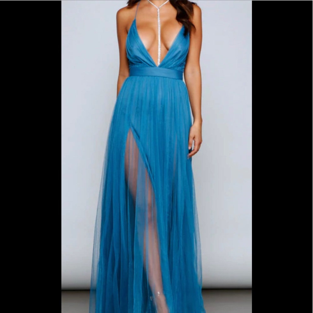 Windsor Blue Plunge Backless Gown